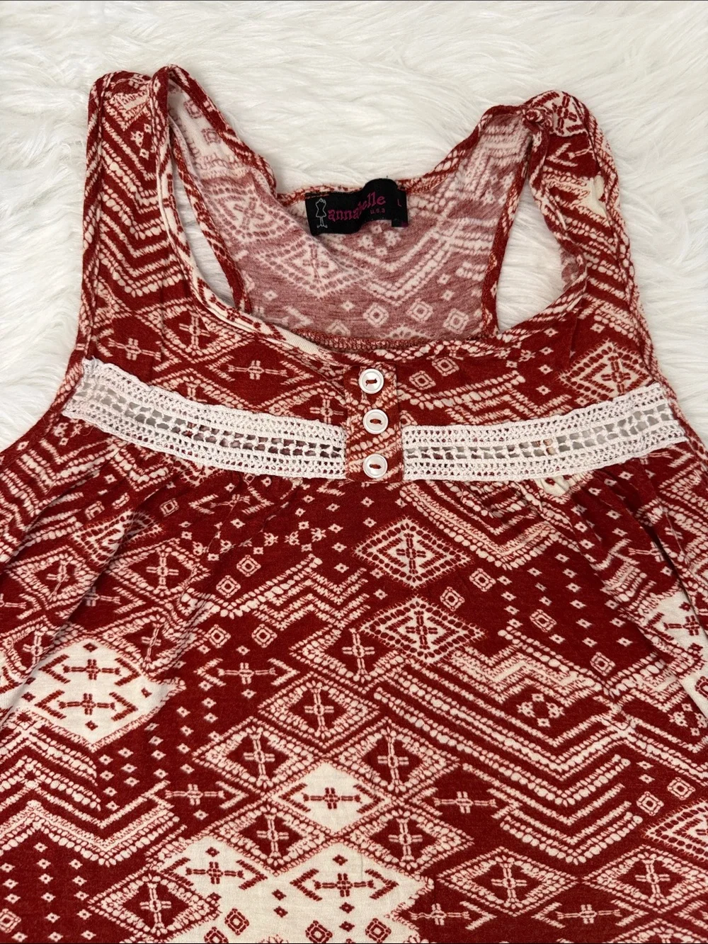 Annabelle USA Boho Tank Top Women’s Large Red Cream Geometric Lace Trim Flowy - Picture 6 of 6
